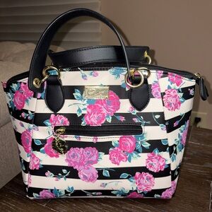 Betsey Johnson Black and Pink Floral Striped Satchel NWOT